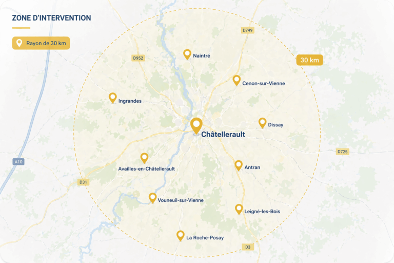 Carte de la zone d’intervention de Soplomlec autour de Châtellerault dans un rayon de 30 km